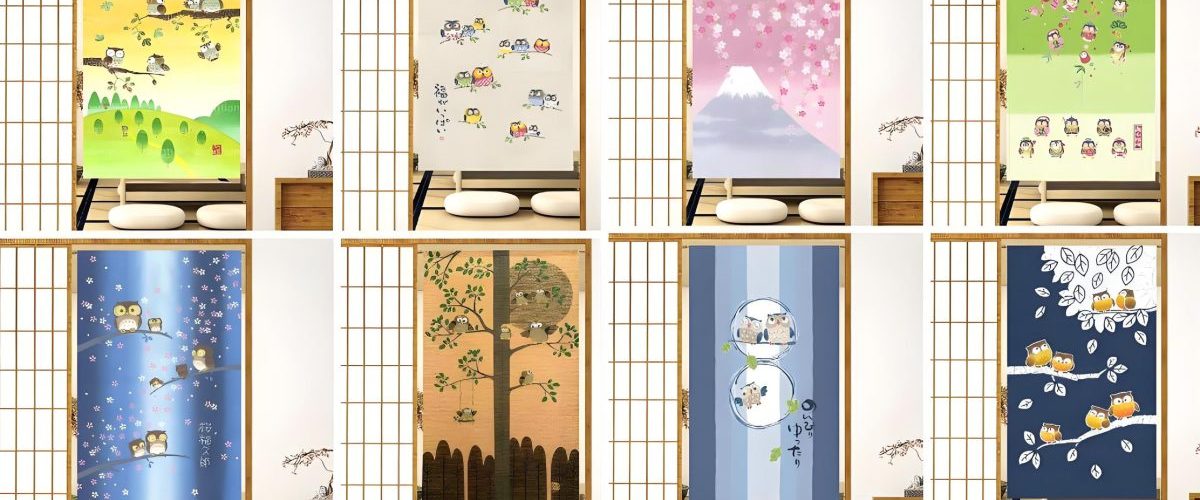 Various Japanese door curtain styles showcasing different materials and designs